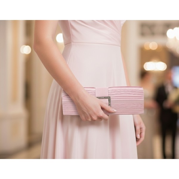 Evening Bag - Satin Pleated w/ Rhinestone Buckle Accent Charm - BG-82848PNK
